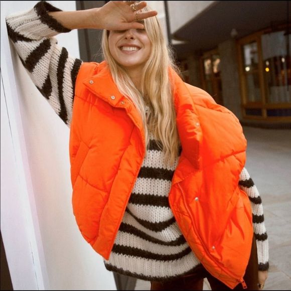 Orange Puffer Vest Zip Up Button Snap 